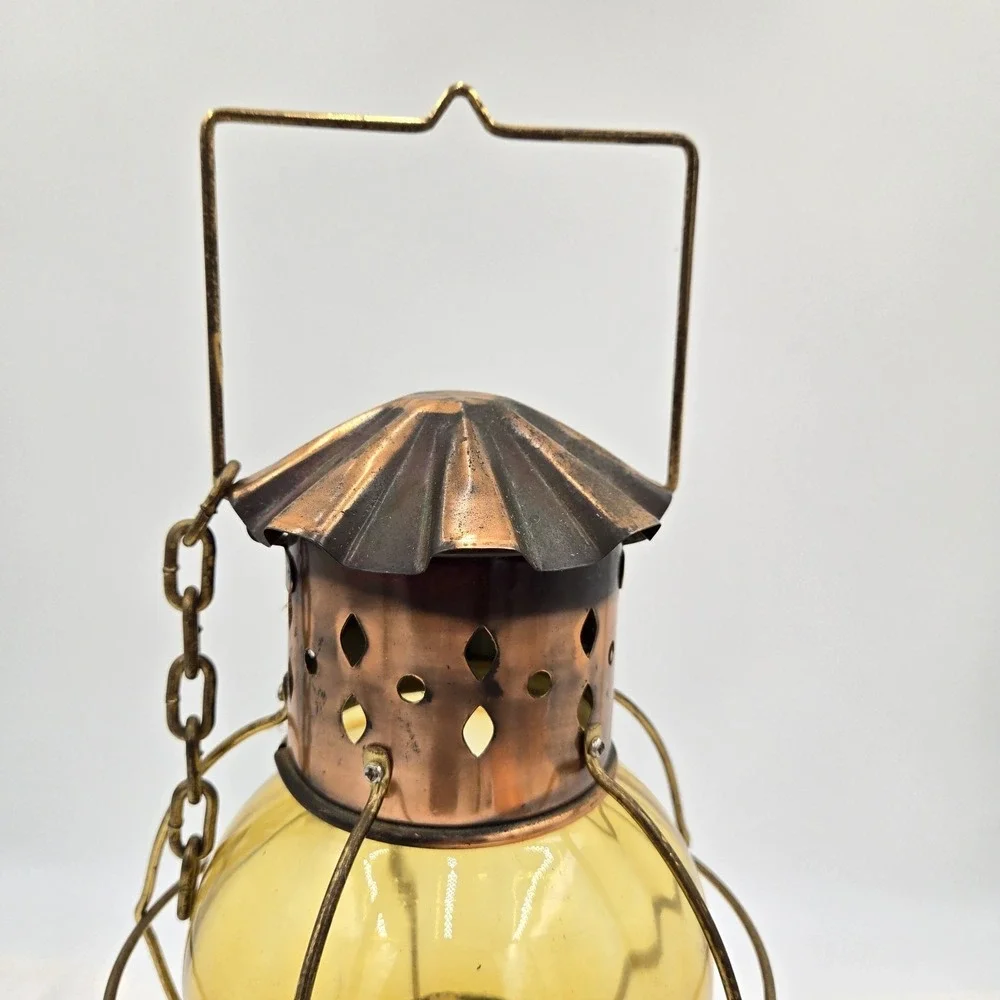 Vintage Copper Hanging Kerosene Oil Lamp Orange Amber Glass Globe Sea World
